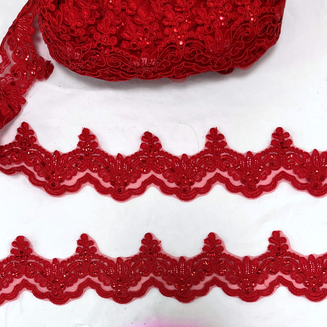 Ribete de encaje con cordón y cuentas bordado en malla de red 100 % poliéster | Encaje EE. UU.