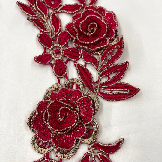 Closeup of  red 3D Floral Lace Applique Embroidered on 100% Polyester Net Mesh | Lace USA - 55305
