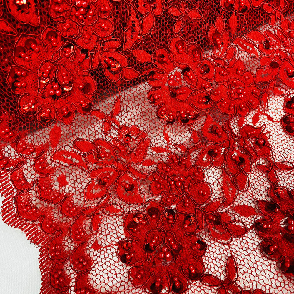 Close-up of red corded floral lace with beads and sequins  on net mesh fabric - LaceUSA-96028W-BP