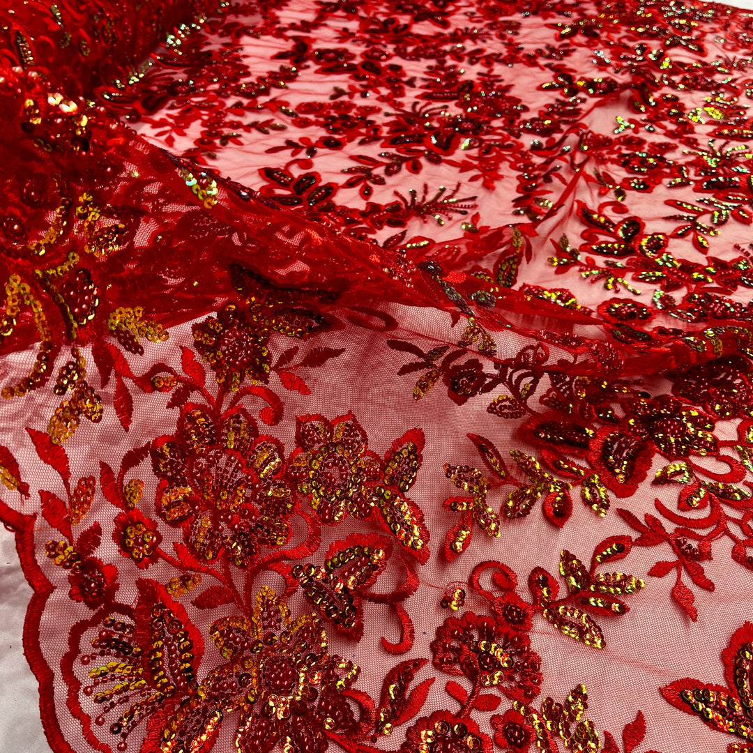 Close view of Red Beaded & Sequined Sparkling Lace Fabric for gowns and dance costumes | Lace USA - GD-2218