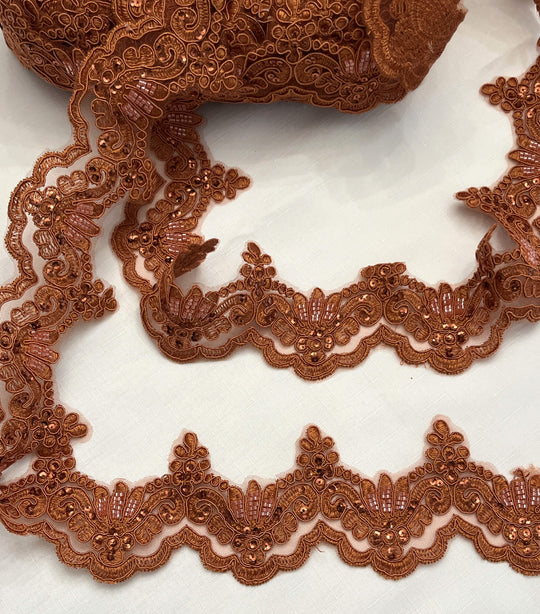 Rust Color Beaded & Corded Lace Trimming Embroidered on 100% Polyester Net Mesh | Lace USAKZ-34WHB