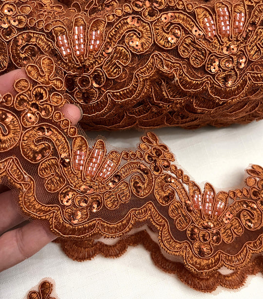 Beaded & Corded Lace Trimming Embroidered on 100% Polyester Net Mesh | Lace USA - KZ-34W-HB