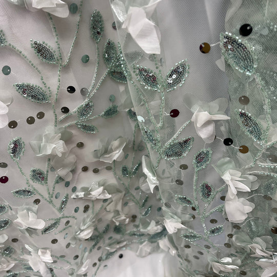 Beaded 3D Floral Lace Fabric Embroidered on 100% Polyester Net Mesh | Lace USA - GD-945
