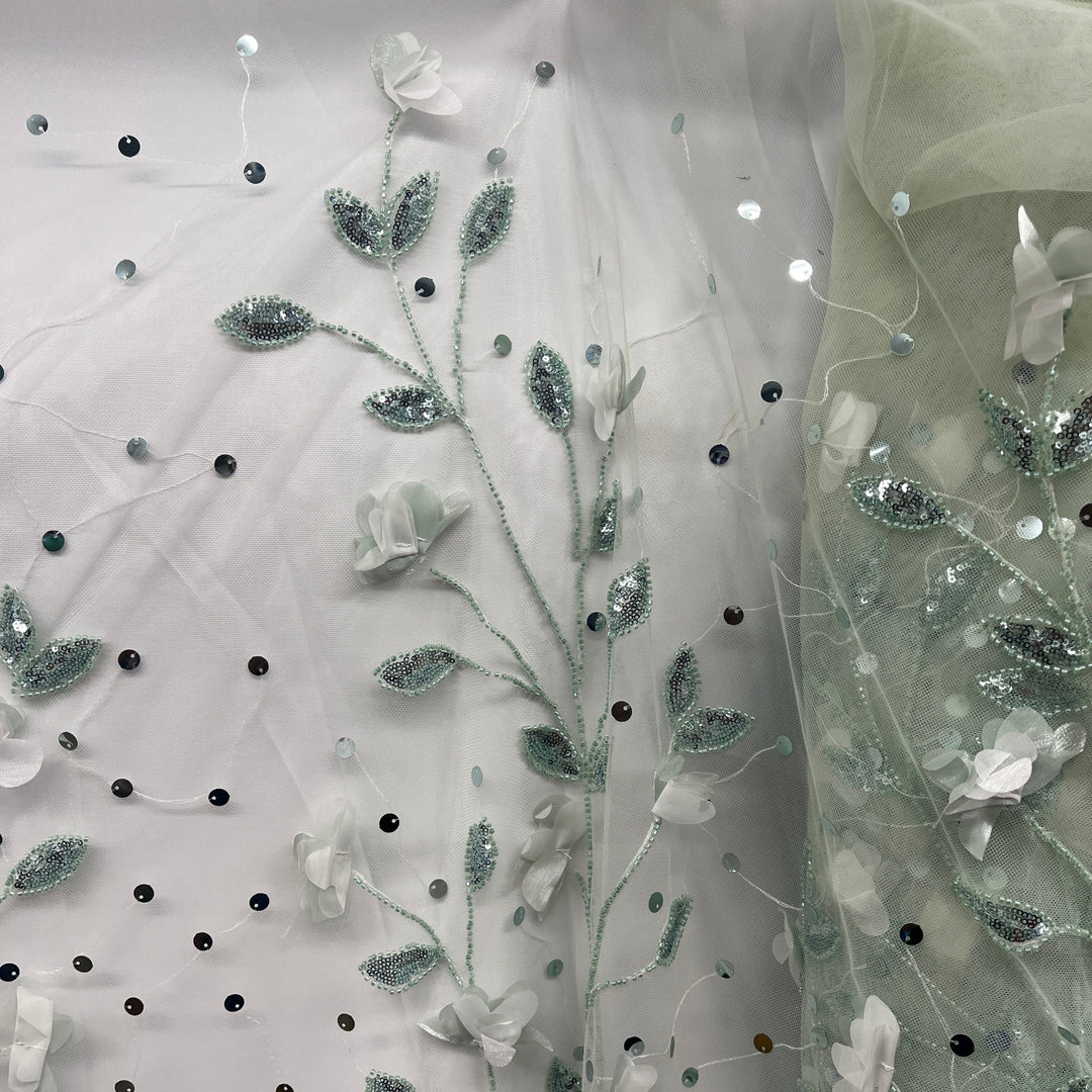 Closeup of Sage Beaded 3D  Lace Fabric - designed with flower and leave shapes- Lace USA - GD-945