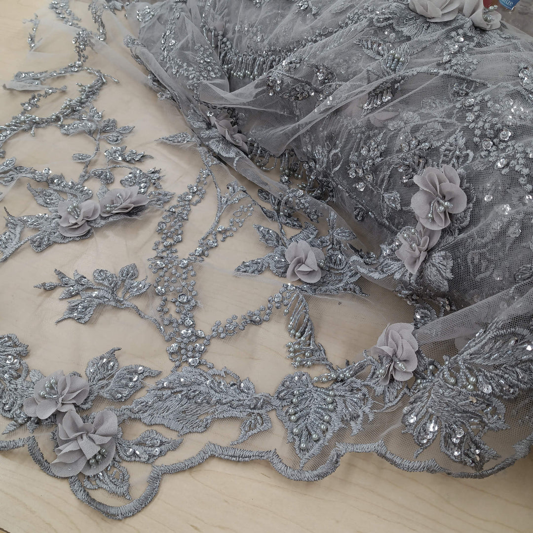Beaded 3D Floral Lace Fabric Embroidered on 100% Polyester Net Mesh | Lace USA - GD-302