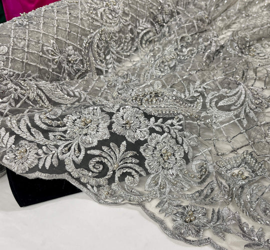 Beaded Lace Fabric Embroidered on 100% Polyester Net Mesh | Lace USA - GD-113