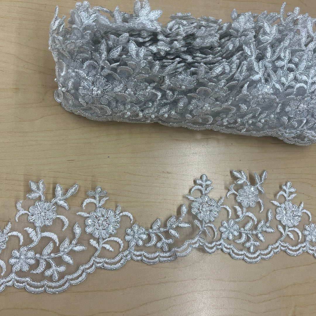 Beaded with Silver  Corded Lace Trimming Embroidered on 100% Polyester | Lace USA - 95914W-BP