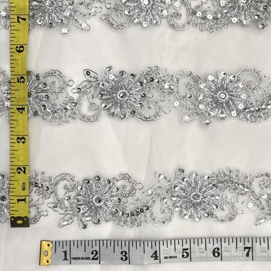 Silver Meta;oc color  Floral Beaded and Corded Lace Trim with measuring tape | Lace USA #96275WHB SMetalic