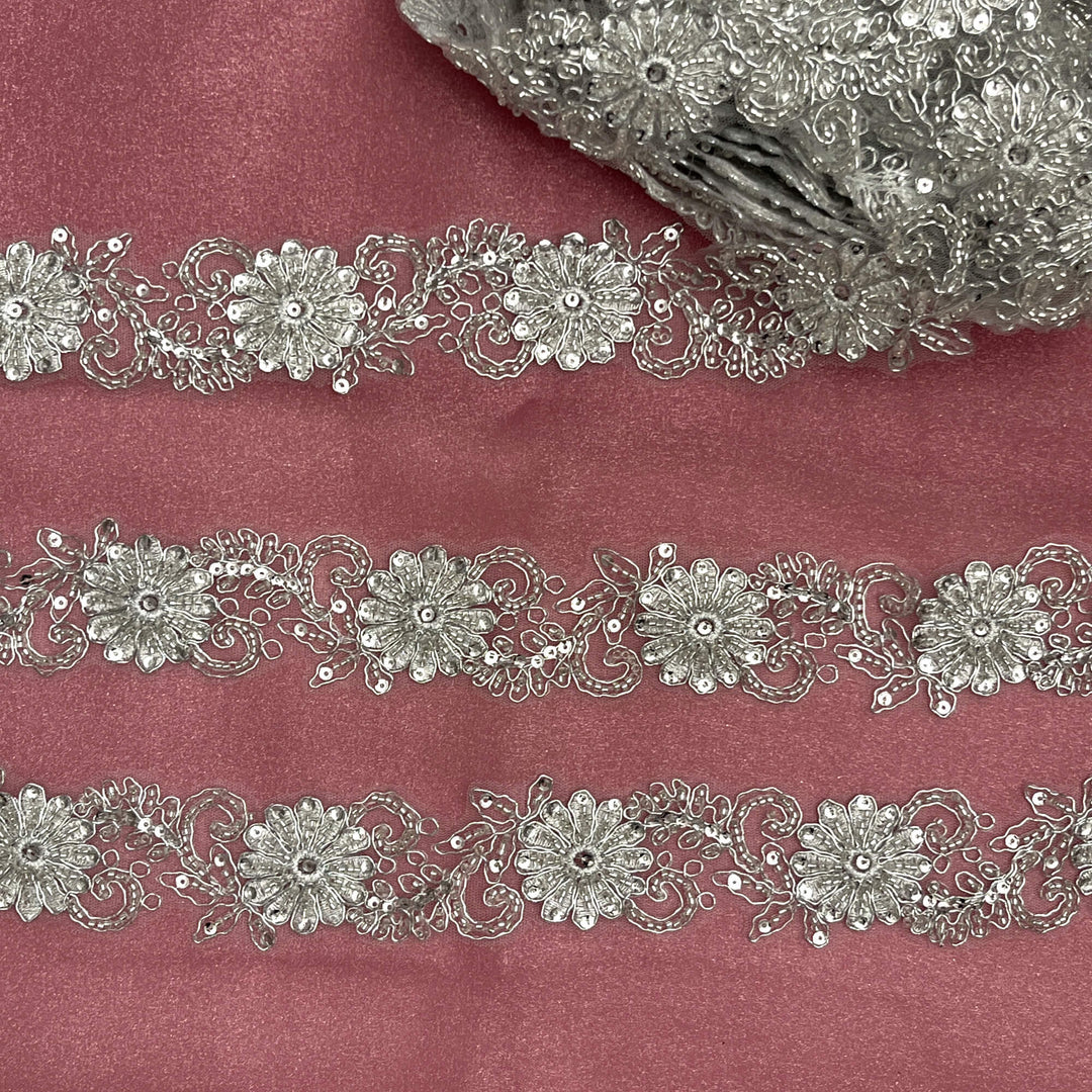 Silver Meta;oc color  Floral Beaded and Corded Lace Trim Embroidered Net Mesh | Lace USA #96275WHB SMetalic