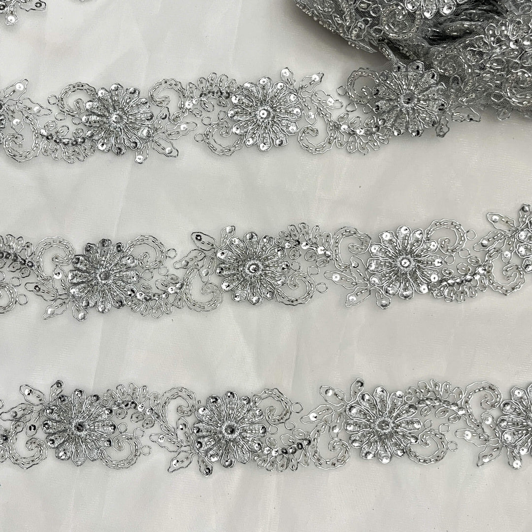 Silver Meta;oc color  Floral Beaded and Corded Lace Trim Embroidered Net Mesh | Lace USA #96275WHB SMetalic