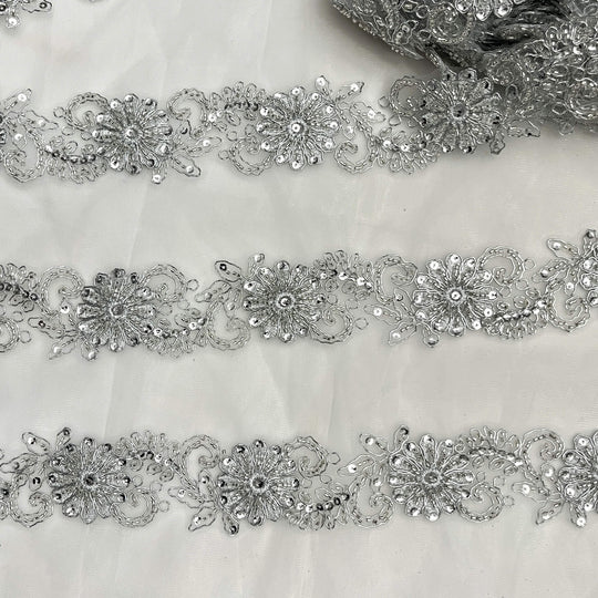 Silver Meta;oc color  Floral Beaded and Corded Lace Trim Embroidered Net Mesh | Lace USA #96275WHB SMetalic