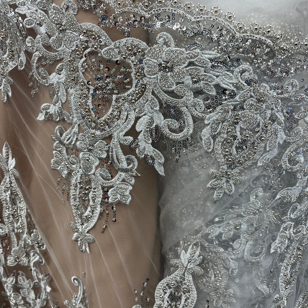 Beaded Lace Fabric Embroidered on 100% Polyester Net Mesh Lace USA - GD-11905