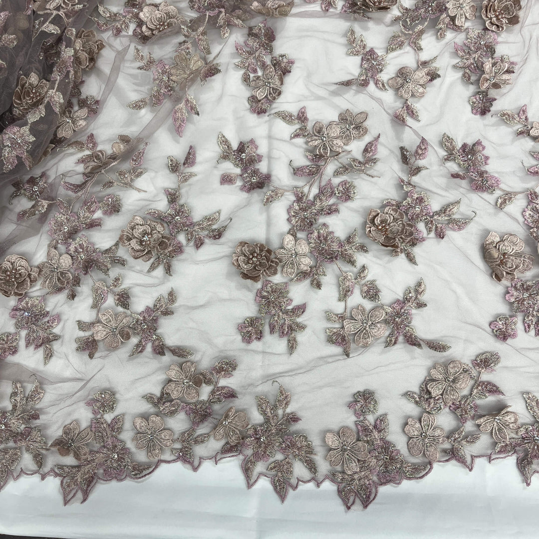 Skin Color  with slight pink Beaded 3D Floral Lace Embroidered on Net Mesh LaceUSA Item GD1613