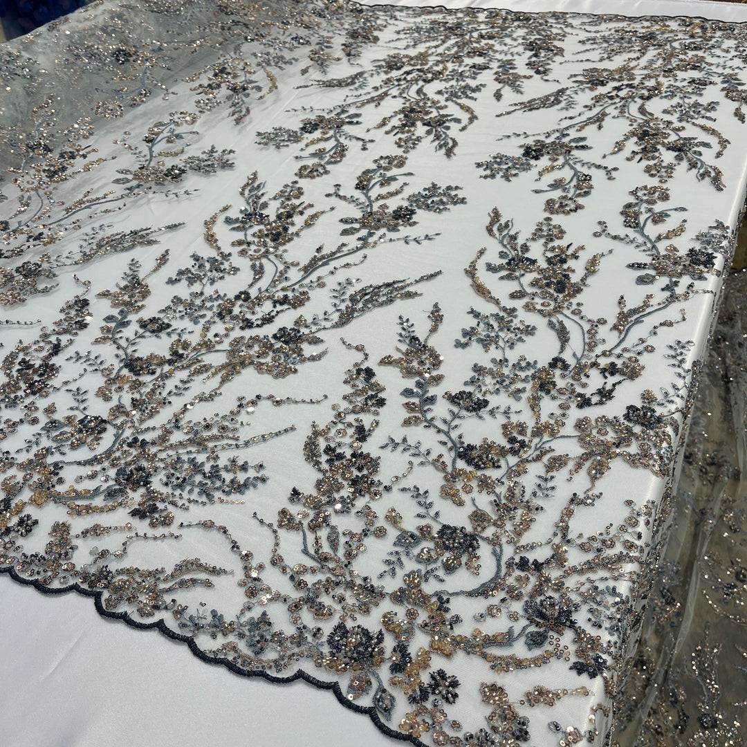 Beaded Lace Fabric Embroidered on 100% Polyester Net Mesh | Lace USA - GD-26228