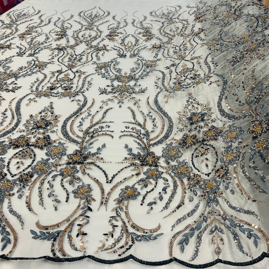 Beaded Lace Fabric Embroidered on 100% Polyester Net Mesh | Lace USA - GD-26227
