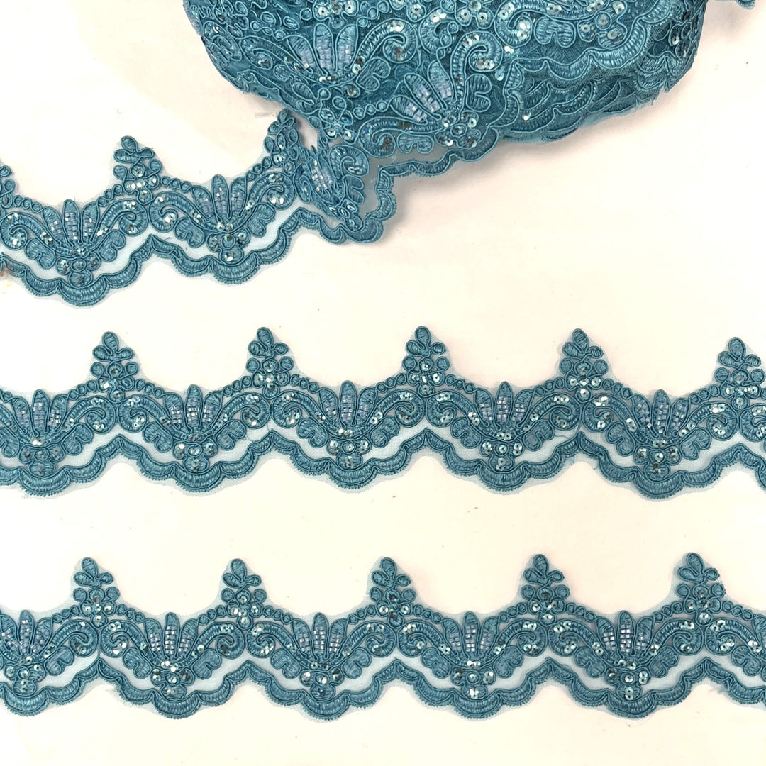 Ribete de encaje con cordón y cuentas bordado en malla de red 100 % poliéster | Encaje EE. UU.