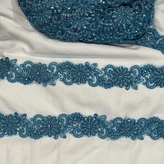 Teal color  Floral Beaded and Corded Lace Trim Embroidered on net mesh | Lace USA #96275WHB Teal