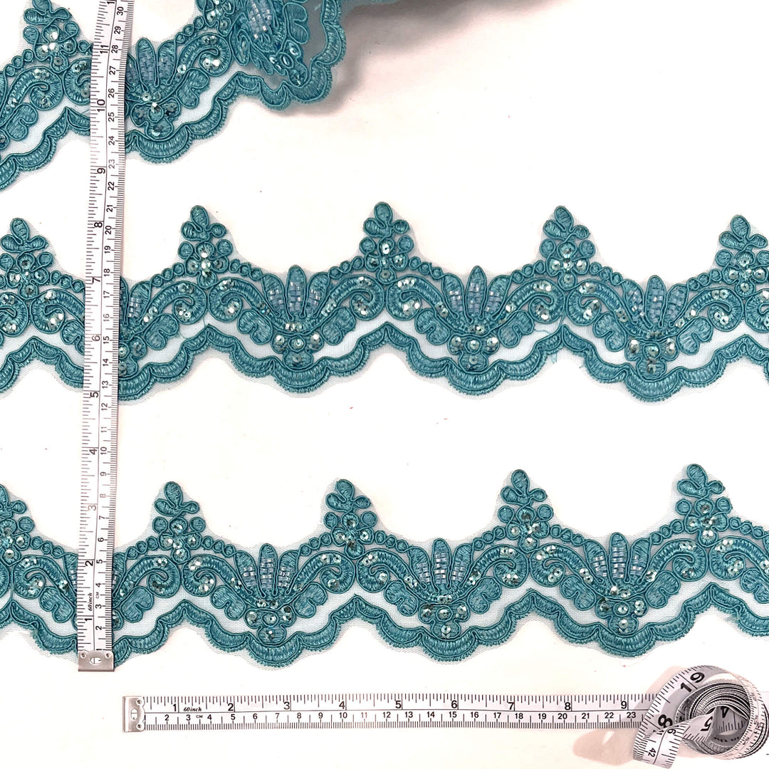 Ribete de encaje con cordón y cuentas bordado en malla de red 100 % poliéster | Encaje EE. UU.