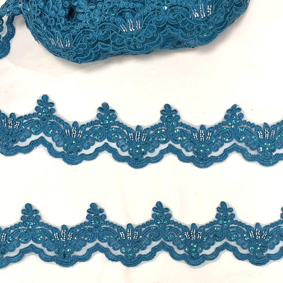 Ribete de encaje con cordón y cuentas bordado en malla de red 100 % poliéster | Encaje EE. UU.
