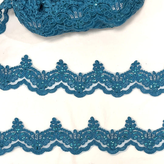 Ribete de encaje con cordón y cuentas bordado en malla de red 100 % poliéster | Encaje EE. UU.