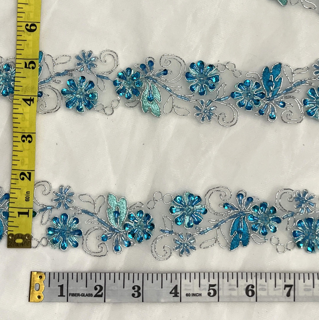 Beaded, Corded & Embroidered on Organza Turquoise with Silver Trimming  with a measuring tape for scale | Lace_USA_96283NBP 
