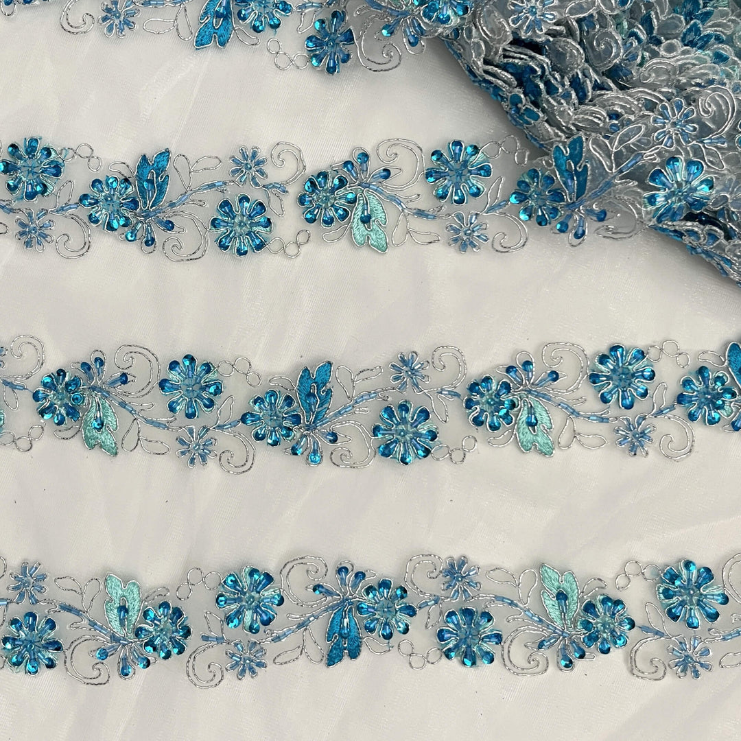 Beaded, Corded & Embroidered on Organza Turquoise with Silver Trimming. Lace_USA_96283NBP