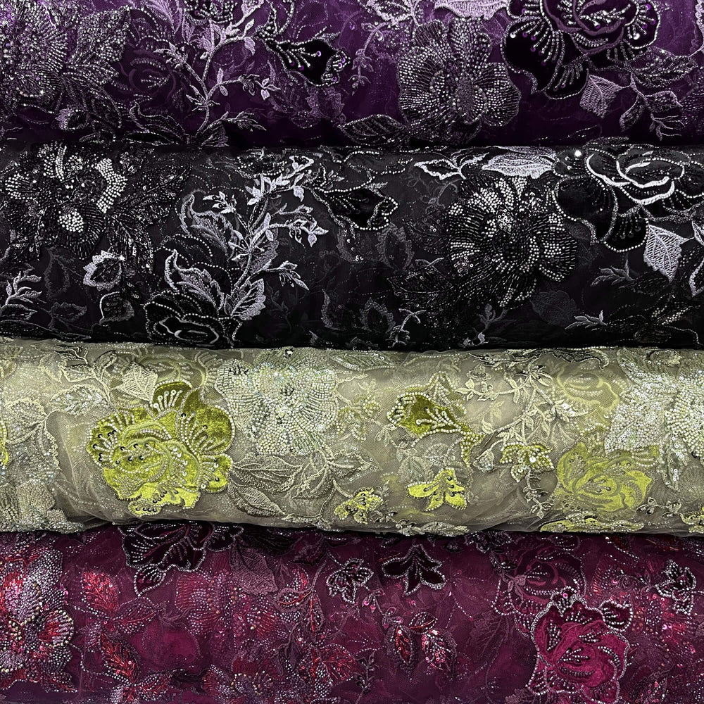 Beaded Lace Fabric Embroidered on 100% Polyester Net Mesh & Velvet | Lace USA - GD-2529