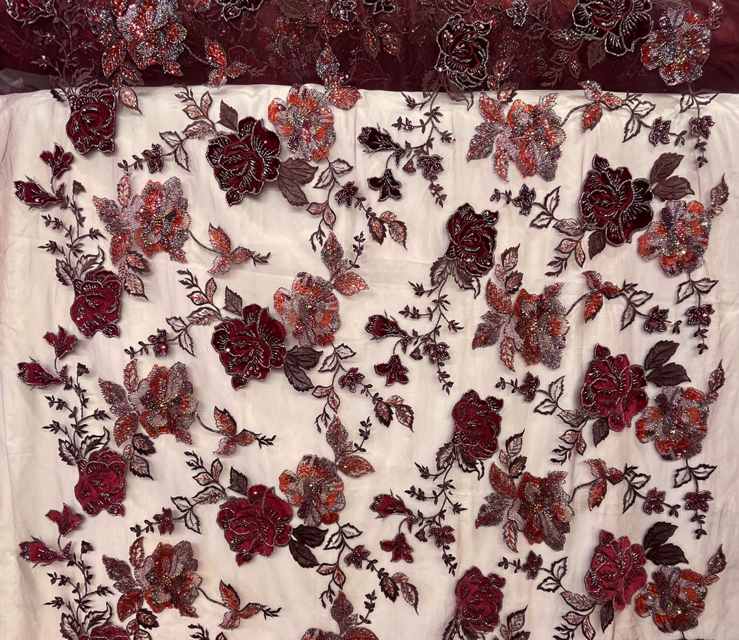Beaded Lace Fabric Embroidered on 100% Polyester Net Mesh & Velvet | Lace USA - GD-2529