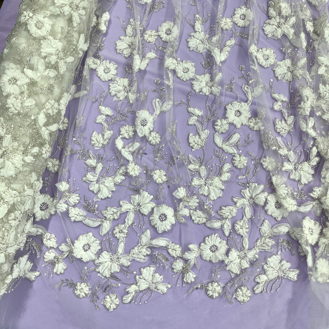 Beaded 3D Floral Lace Fabric Embroidered on 100% Polyester Net Mesh | Lace USA - GD-10143