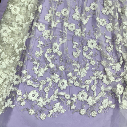 Beaded 3D Floral Lace Fabric Embroidered on 100% Polyester Net Mesh | Lace USA - GD-10143