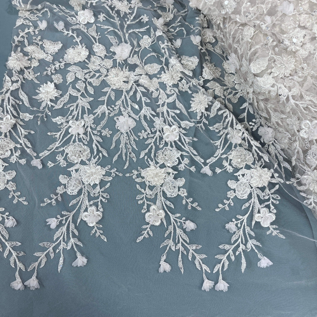 Beaded 3D Floral Lace Fabric with Rhinestones – Embroidered Bridal, Quinceañera & Evening Dress Lace | Lace USA - GD-3165