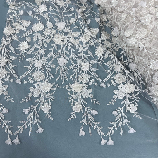 Beaded 3D Floral Lace Fabric with Rhinestones – Embroidered Bridal, Quinceañera & Evening Dress Lace | Lace USA - GD-3165