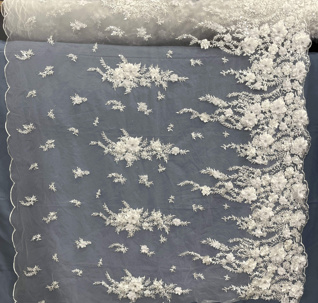 full view of white 3D embroidered floral lace fabric, embellished with beads and rhinestones – LaceUSA GD2880
