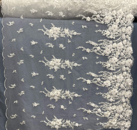 full view of white 3D embroidered floral lace fabric, embellished with beads and rhinestones – LaceUSA GD2880