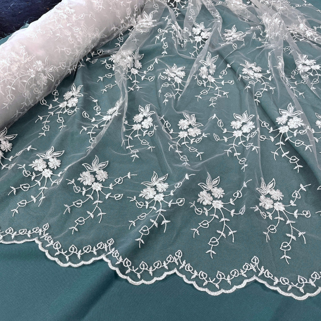 Floral Embroidered Lace Fabric with Scalloped Edges – Bridal, Baptism -Lace USA 30517W