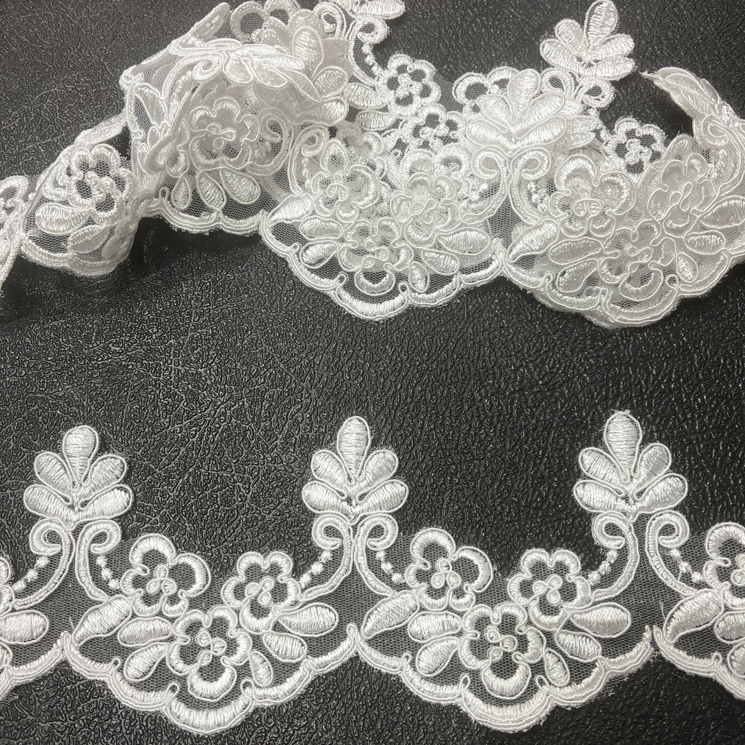 WHite Corded Lace Trimming Embroidered on 100% Polyester Net Mesh | Lace USA - 95967W/1