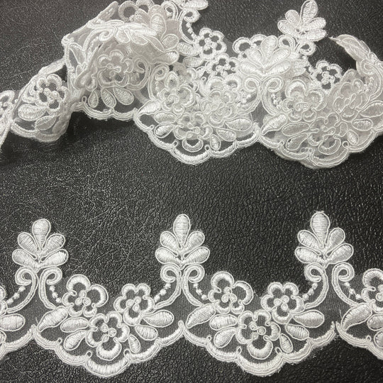 WHite Corded Lace Trimming Embroidered on 100% Polyester Net Mesh | Lace USA - 95967W/1