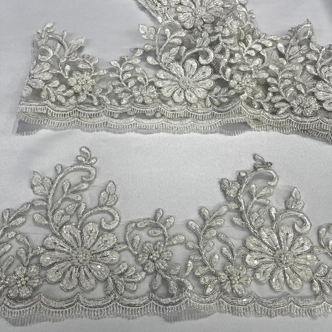 Beaded & Corded Lace Trimming Embroidered on 100% Polyester Net Mesh | Lace USA - 96428W-BP