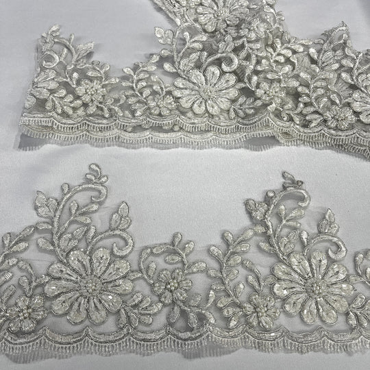 Beaded & Corded Lace Trimming Embroidered on 100% Polyester Net Mesh | Lace USA - 96428W-BP