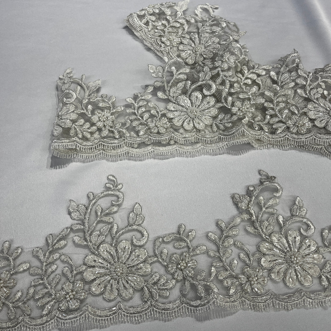 Beaded & Corded Lace Trimming Embroidered on 100% Polyester Net Mesh | Lace USA - 96428W-BP