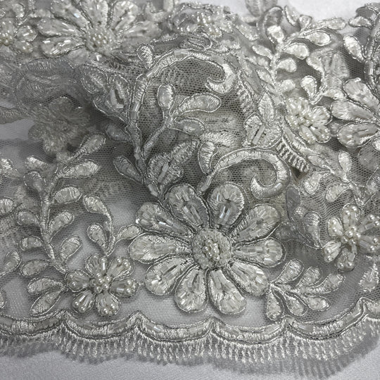 Beaded & Corded Lace Trimming Embroidered on 100% Polyester Net Mesh | Lace USA - 96428W-BP