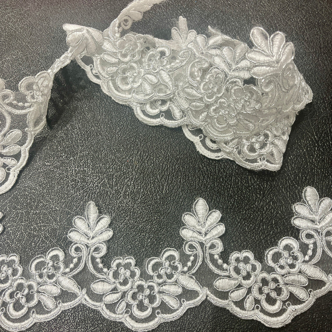 White  with Silver Cording Lace Trimming Embroidered on 100% Polyester Net Mesh | Lace USA - 95967W/1