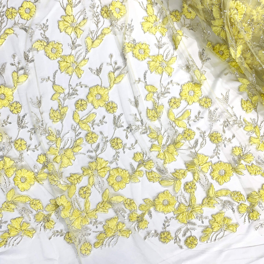 Beaded 3D Floral Lace Fabric Embroidered on 100% Polyester Net Mesh | Lace USA - GD-10143