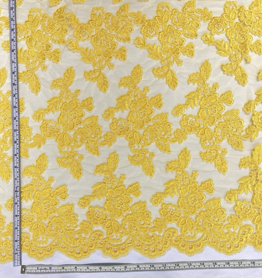 Corded Bridal Lace Fabric Embroidered on 100% Polyester Net Mesh | Lace USA - 95409W