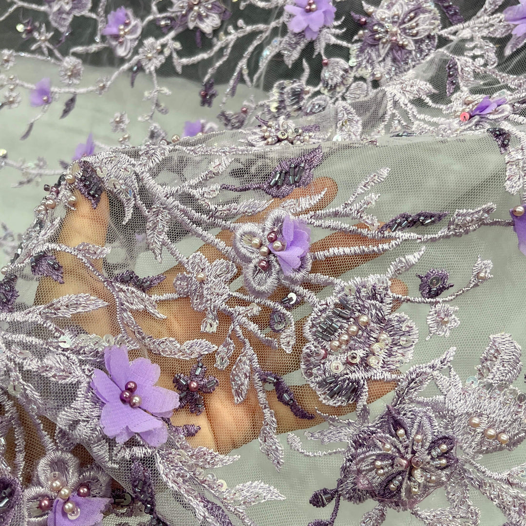 Beaded 3D Floral Lace Fabric with Rhinestones – Embroidered Bridal, Quinceañera & Evening Dress Lace | Lace USA - GD-3165