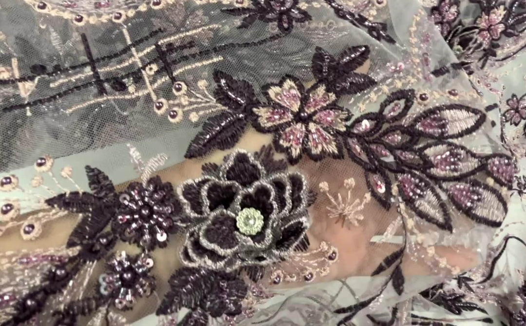 Close-up of embroidered  3D floral lace fabric with | Lace USA GD-2266