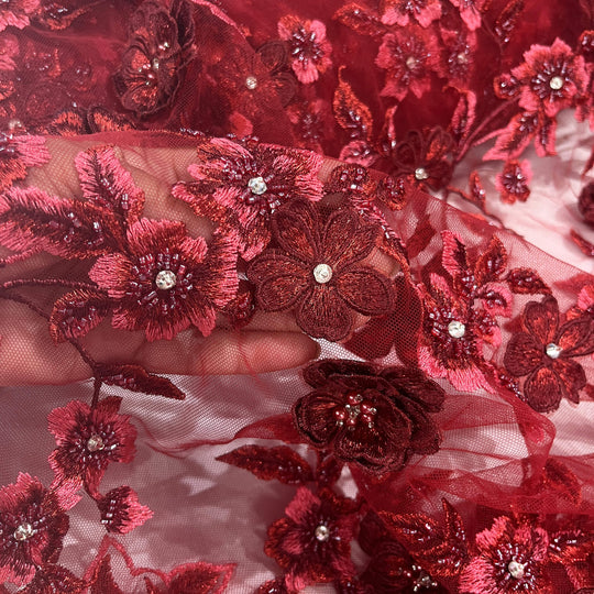 Close-up of Lace USA GD-1613 3D floral lace in Dark Red, embellished with beads and rhinestones—featuring the multicolor flowers- ideal for gowns and formalwear