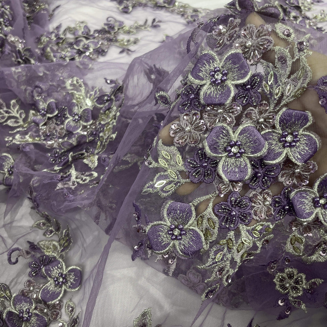 Closeup view of Lace USA GD-3040 3D Lilac floral lace, embellished with beads and rhinestones—ideal for dresses, gowns, and formalwear.