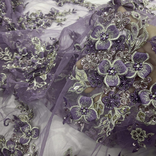 Closeup view of Lace USA GD-3040 3D Lilac floral lace, embellished with beads and rhinestones—ideal for dresses, gowns, and formalwear.
