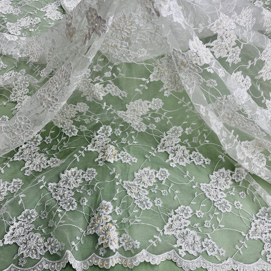 Beaded & Corded Lace Fabric Embroidered on 100% Polyester Net Mesh | Lace USA